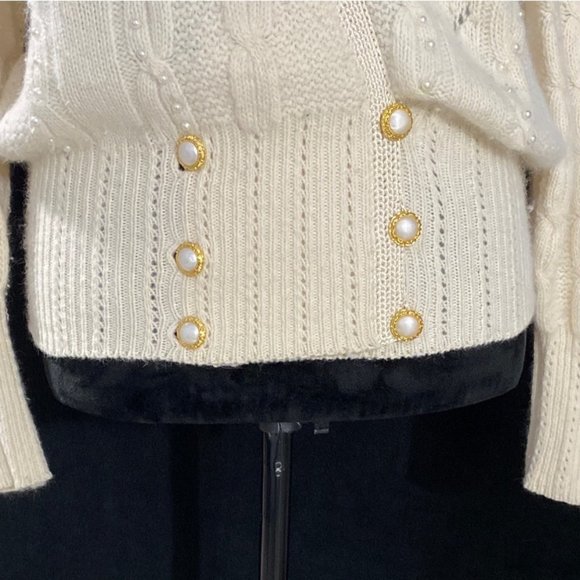 VTG Sideffects Sweater Cream Soft Angora Pearl Cable Knit Wrap Puff Shoulder S - Picture 3 of 9